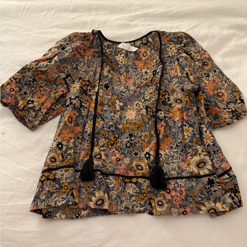 THE GREAT. Orange and Brown Puff Sleeve Blouse with Tie Front